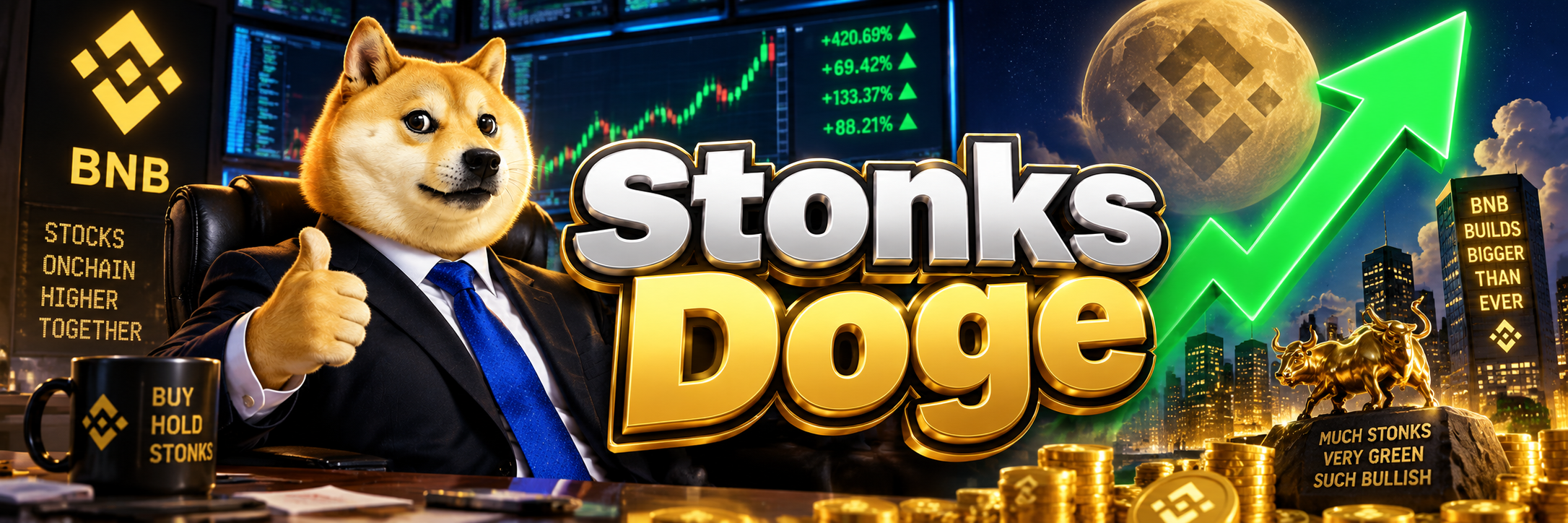 Stonks Doge banner — Diamond paws since 2008, suited Doge on Wall Street